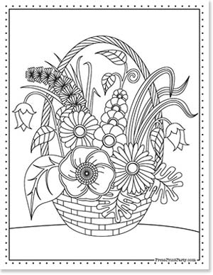 Flowers in basket - 20 Coloring pages of flowers for kids and adults- new and unique - Press Print Party!