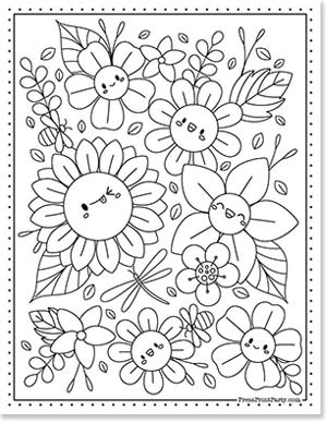 kawaii flowers coloring sheet for kids - 20 Coloring pages of flowers for kids and adults- new and unique - Press Print Party!