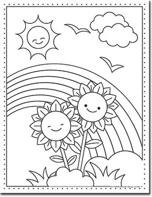 kawaii flowers fun coloring page for kids with rainbow - 20 Coloring pages of flowers for kids and adults- new and unique - Press Print Party!