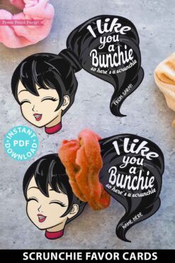 asian girl with black hair - I like you a bunchie so here's a scrunchie. Scrunchie Holder Tags Printable, 8 Girl Designs Included, I Like You a Bunchie, Valentine Party Favor Tags, Editable Names, INSTANT DOWNLOAD Press Print Party
