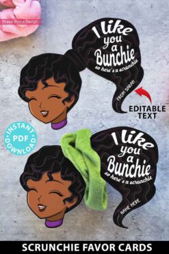 black girl with black hair - I like you a bunchie so here's a scrunchie. Scrunchie Holder Tags Printable, 8 Girl Designs Included, I Like You a Bunchie, Valentine Party Favor Tags, Editable Names, INSTANT DOWNLOAD Press Print Party
