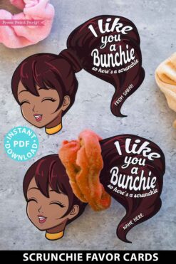brown girl with brown hair - I like you a bunchie so here's a scrunchie. Scrunchie Holder Tags Printable, 8 Girl Designs Included, I Like You a Bunchie, Valentine Party Favor Tags, Editable Names, INSTANT DOWNLOAD Press Print Party