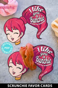 girl with pink hair - I like you a bunchie so here's a scrunchie. Scrunchie Holder Tags Printable, 8 Girl Designs Included, I Like You a Bunchie, Valentine Party Favor Tags, Editable Names, INSTANT DOWNLOAD Press Print Party