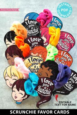 I love you a bunchie so here's a scrunchie. Scrunchie Holder Tags Printable, 8 Girl Designs Included, I love You a Bunchie, Valentine Party Favor Tags, Editable Names, INSTANT DOWNLOAD Press Print Party