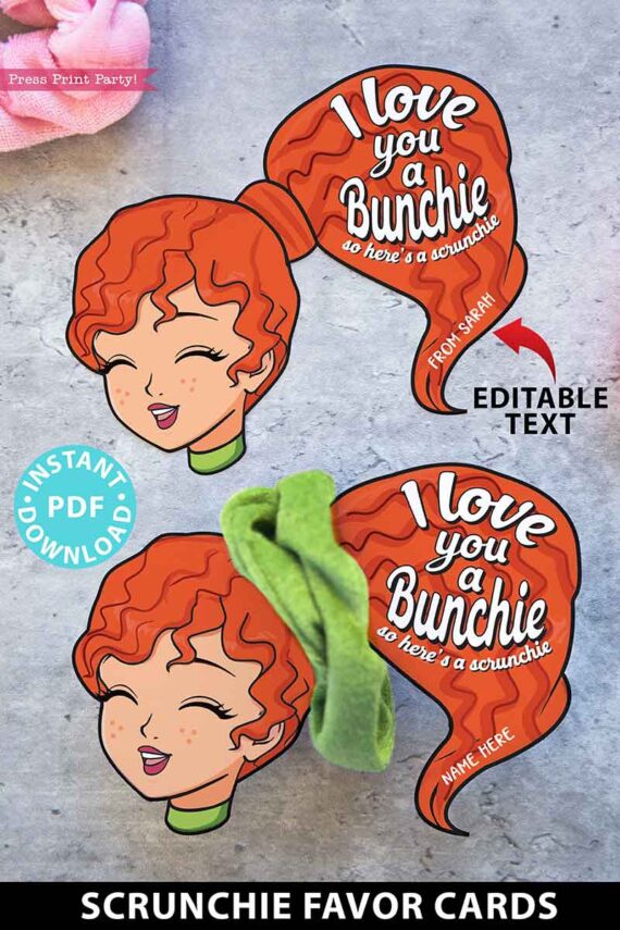 girl red hair - I love you a bunchie so here's a scrunchie. Scrunchie Holder Tags Printable, 8 Girl Designs Included, I love You a Bunchie, Valentine Party Favor Tags, Editable Names, INSTANT DOWNLOAD Press Print Party