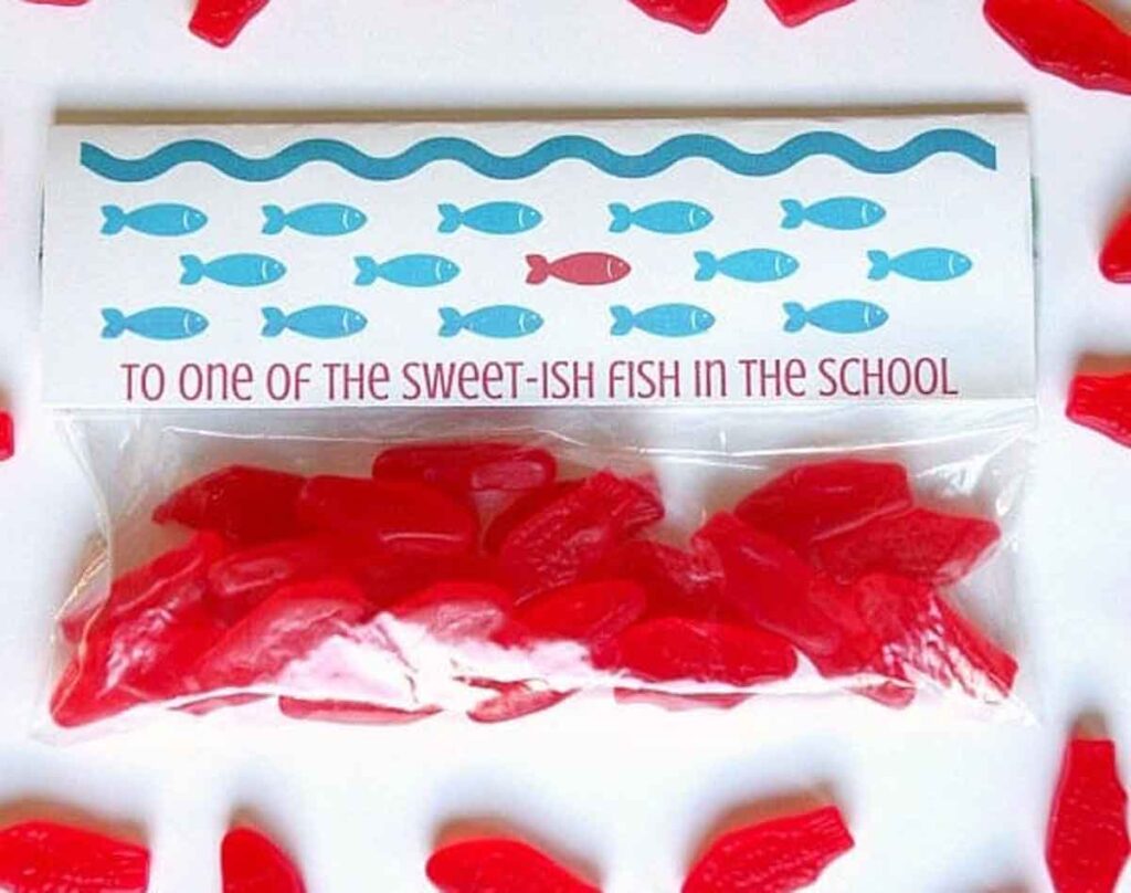 sweedish fish to one of the sweetish fish in the school- The ultimate list of Classroom Valentine Gift Ideas for Kids - Press Print Party!