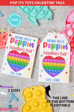 Pop It Valentines Printable Tags, EDITABLE names, Wishing you a Poppin Valentine's Day, Pop Its School Classroom Valentine, INSTANT DOWNLOAD Press Print Party