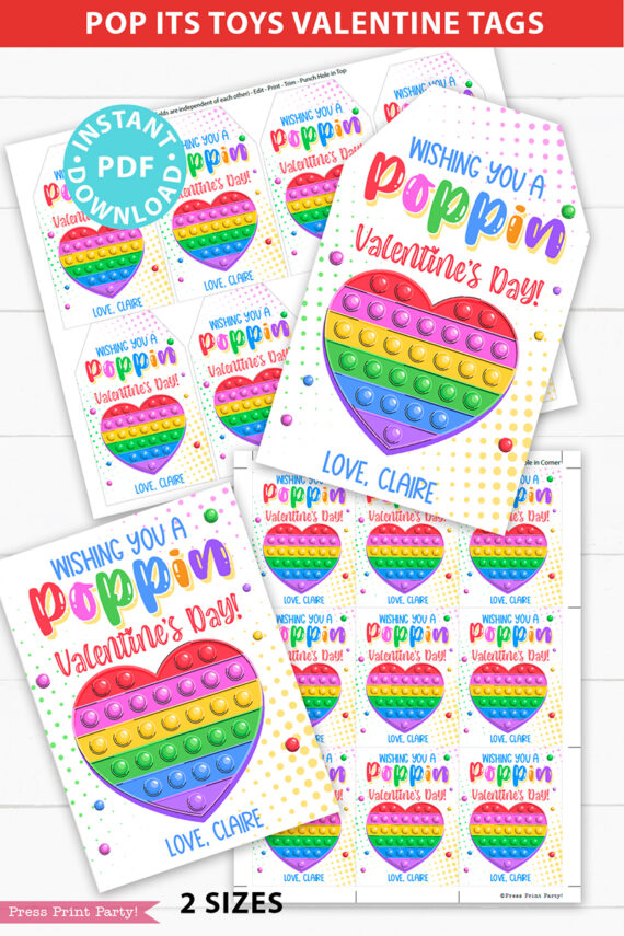 Pop It Valentines Printable Tags, EDITABLE names, Wishing you a Poppin Valentine's Day, Pop Its School Classroom Valentine, INSTANT DOWNLOAD Press Print Party