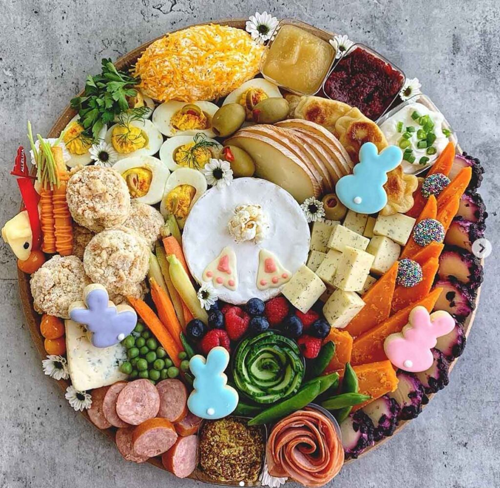 bunny feet made with brie charcuterie board - Beautiful Easter Charcuterie Board Ideas - Press Print Party