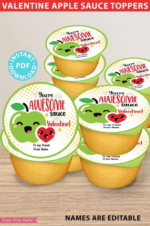 Applesauce Valentine Tags for Kids Printable, Apple Sauce Pouch /cup, You're Awesome sauce, Classroom Valentines, Editable, INSTANT DOWNLOAD Press Print Party