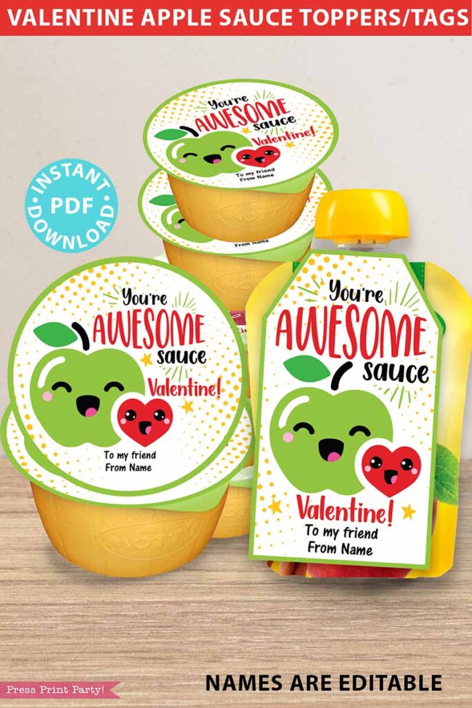 Applesauce Valentine Tags for Kids Printable, Apple Sauce Pouch /cup, You're Awesome sauce, Classroom Valentines, Editable, INSTANT DOWNLOAD Press Print Party