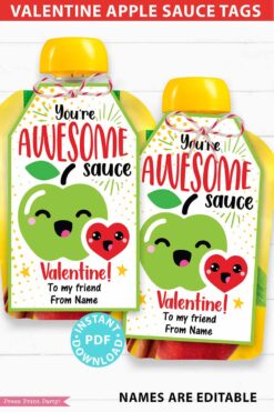 Applesauce Valentine Tags for Kids Printable, Apple Sauce Pouch /cup, You're Awesome sauce, Classroom Valentines, Editable, INSTANT DOWNLOAD Press Print Party