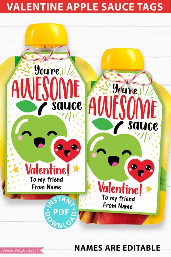 Applesauce Valentine Tags for Kids Printable, Apple Sauce Pouch /cup, You're Awesome sauce, Classroom Valentines, Editable, INSTANT DOWNLOAD Press Print Party