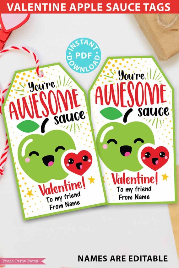 Applesauce Valentine Tags for Kids Printable, Apple Sauce Pouch /cup, You're Awesome sauce, Classroom Valentines, Editable, INSTANT DOWNLOAD Press Print Party