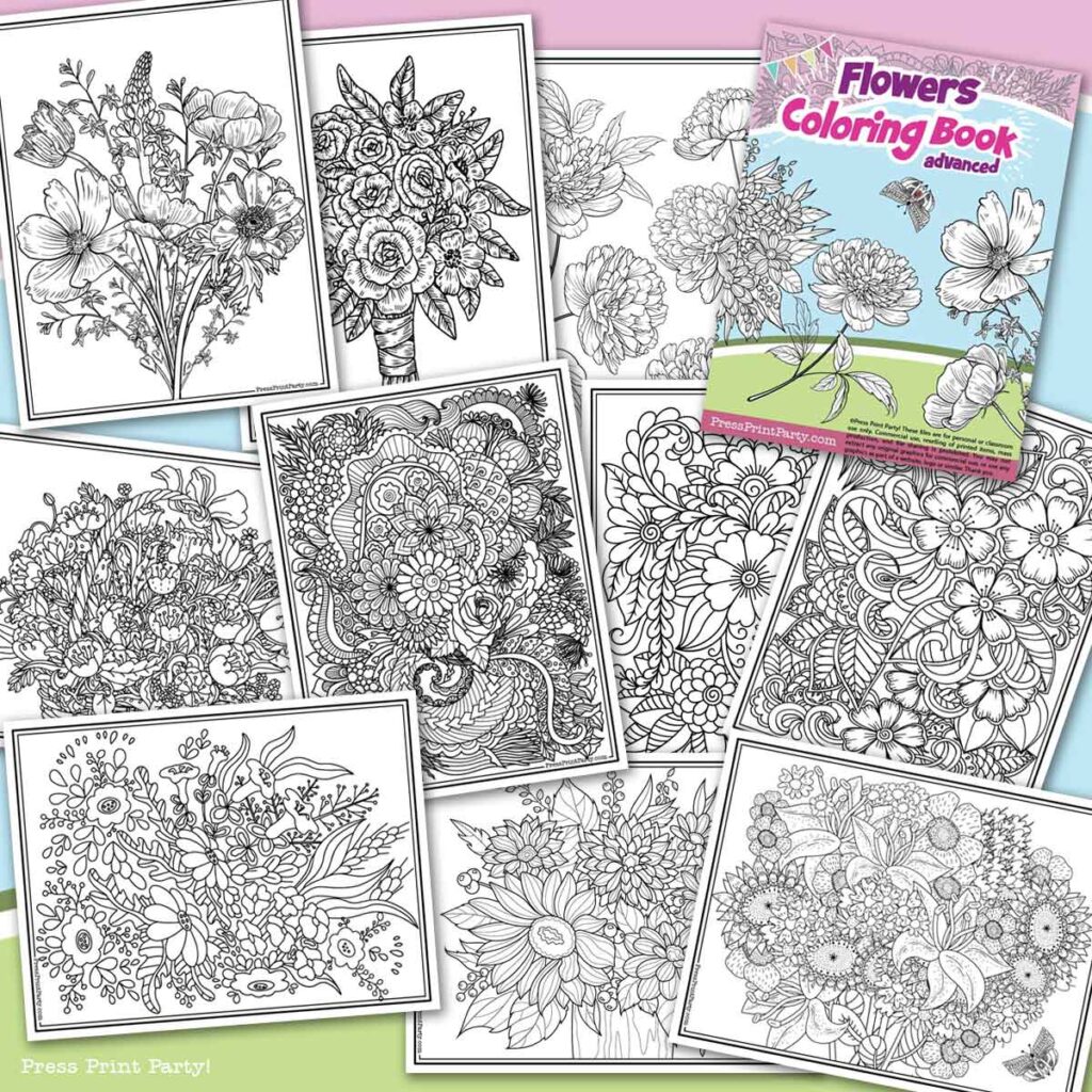 advances coloring pages for adults with flower bouquets, zentangle flowers, hand drawn flowers and whimsical flowers - 20 Coloring pages of flowers for kids and adults- new and unique - Press Print Party!