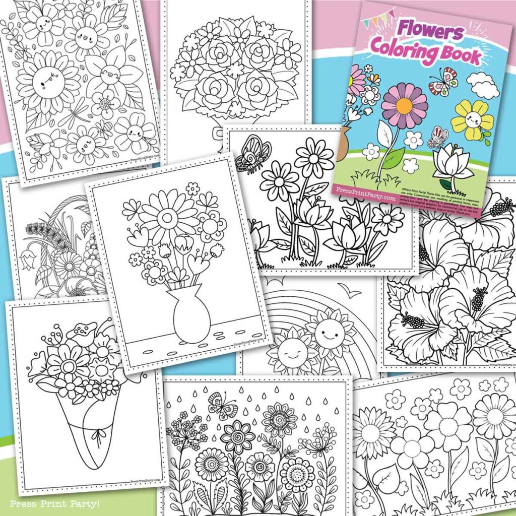 coloring sheets for kids with flowers easy coloring. flower bouquets, kawaii flowers, butterflies, flowers in meadows and more - 20 Coloring pages of flowers for kids and adults- new and unique - Press Print Party!