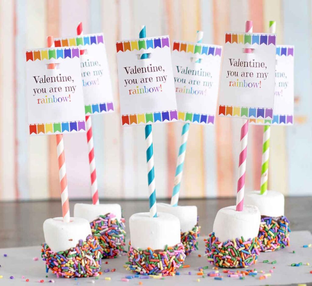marshmallow pops valentines rainbow- The ultimate list of Classroom Valentine Gift Ideas for Kids - Press Print Party!