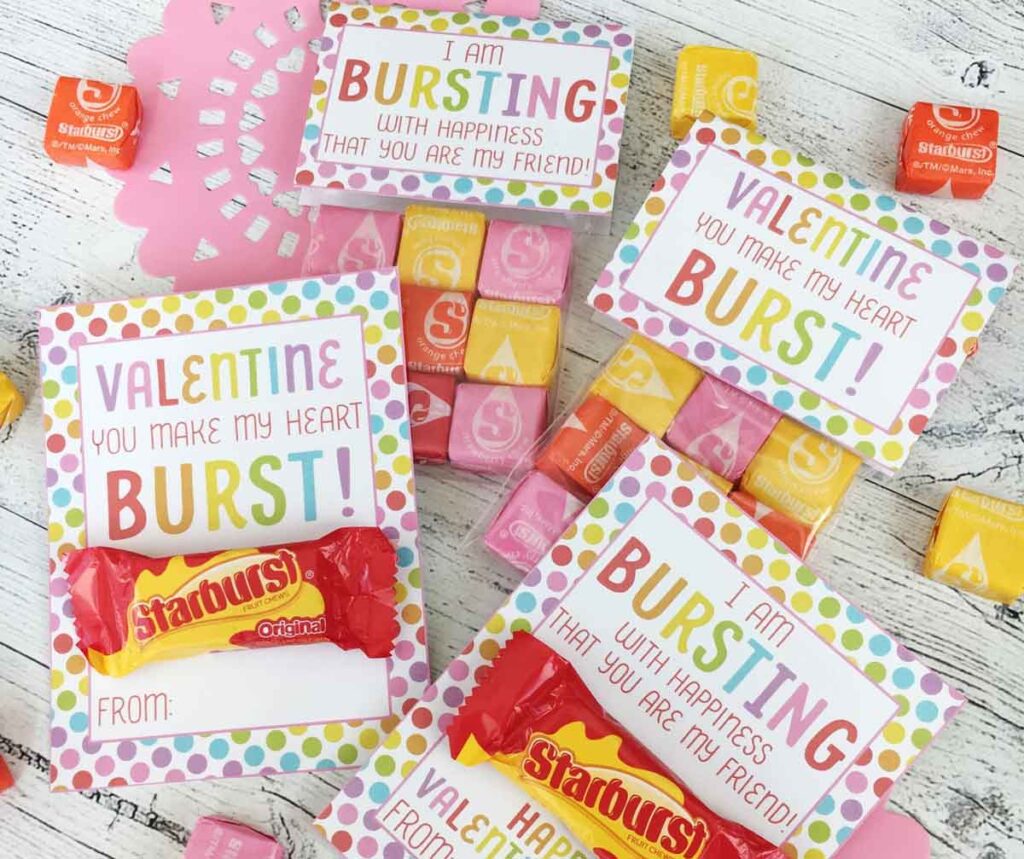 you make my heart burst starburst valentine - The ultimate list of Classroom Valentine Gift Ideas for Kids - Press Print Party!