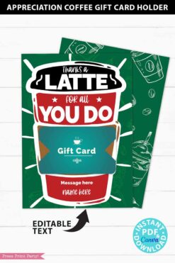 Employee Appreciation Coffee Gift Card Holder Printable Template, 5x7, Thanks a Latte, Staff, Teacher, Nurse, bus driver, INSTANT DOWNLOAD Press Print Party!