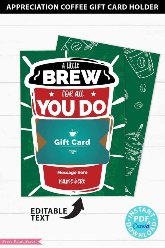 Employee Appreciation Coffee Gift Card Holder Printable Template, 5x7, A little brew for all you do, Staff appreciation, Teacher appreciation, Nurse, bus driver etc.. INSTANT DOWNLOAD Press Print Party!