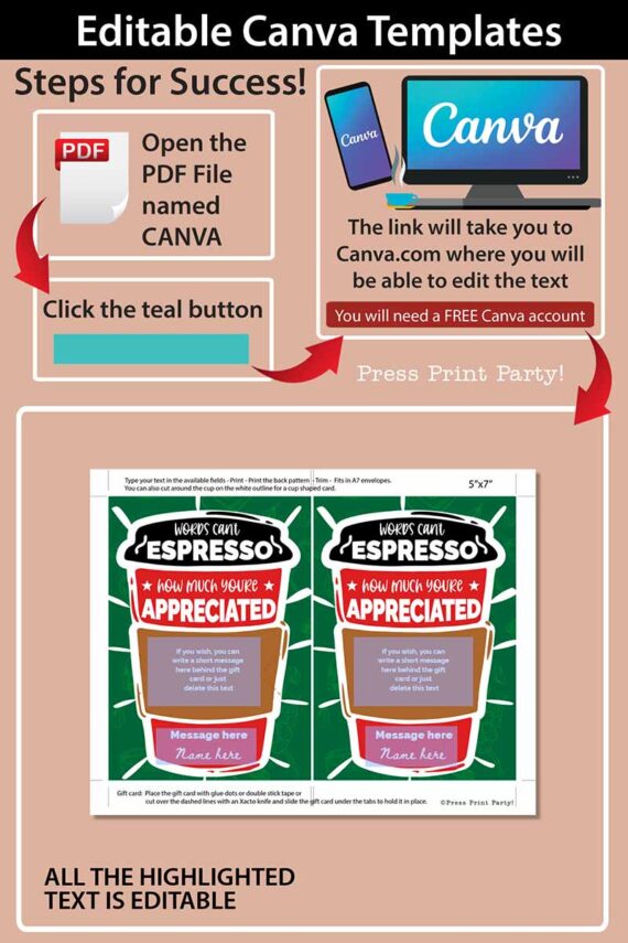 Employee Appreciation Coffee Gift Card Holder Printable Template, 5x7, Words Can't Espresso How much you're appreciated, Staff, Teacher, Nurse, INSTANT DOWNLOAD Press Print Party