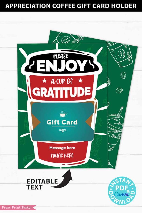 Employee Appreciation Coffee Gift Card Holder Printable Template, 5x7, Enjoy a Cup of Gratitude, Staff, Teacher, Nurse, INSTANT DOWNLOAD Press print Party!