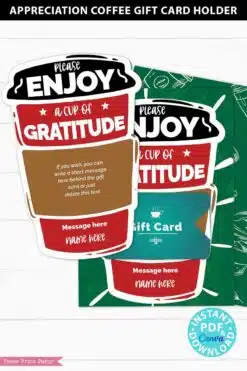Employee Appreciation Coffee Gift Card Holder Printable Template, 5x7, Enjoy a Cup of Gratitude, Staff, Teacher, Nurse, INSTANT DOWNLOAD Press print Party!