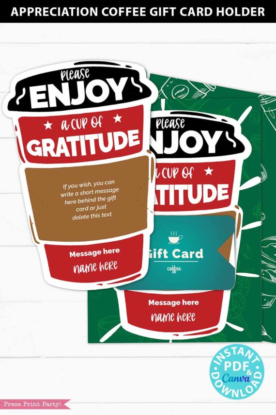 Employee Appreciation Coffee Gift Card Holder Printable Template, 5x7, Enjoy a Cup of Gratitude, Staff, Teacher, Nurse, INSTANT DOWNLOAD Press print Party!