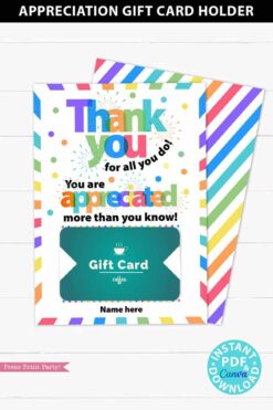 Thank You Gift Card Holder Printable, Teacher Appreciation, Nurse, Staff, Assitant, Employee Appreciation, Thank You for all You Do, You are appreciated more than you know, Editable, INSTANT DOWNLOAD Press Print Party!