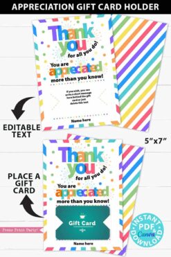 Thank You Gift Card Holder Printable, Teacher Appreciation, Nurse, Staff, Assitant, Employee Appreciation, Thank You for all You Do, You are appreciated more than you know, Editable, INSTANT DOWNLOAD Press Print Party!