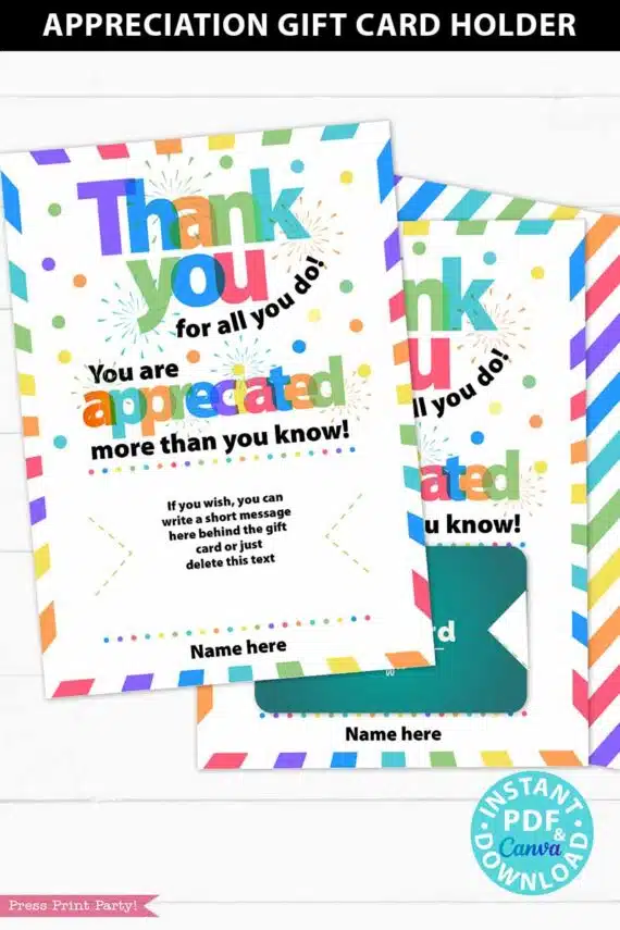 Thank You Gift Card Holder Printable, Teacher Appreciation, Nurse, Staff, Assitant, Employee Appreciation, Thank You for all You Do, You are appreciated more than you know, Editable, INSTANT DOWNLOAD Press Print Party!