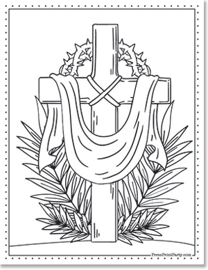 Cross of calvary with shroud and crown of thorns - 10 Free Religious Coloring Pages for Easter Holy Week Press Print Party!
