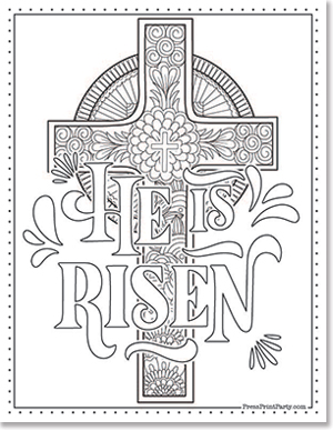 He is risen type with zentangle cross- 10 Free Religious Coloring Pages for Easter Holy Week Press Print Party!