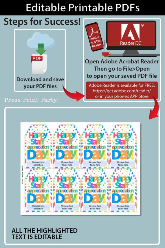 Happy staff Appreciation Day Gift Tags Printable, Assitant, Staff Appreciation, Bright Colors, Editable PDF and Canva, INSTANT DOWNLOAD Press Print Party!