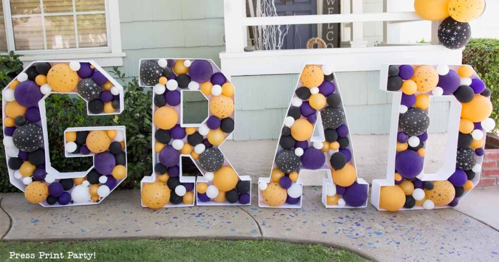 Balloon mosaic letters and numbers free template for graduation with black gold and purple balloons 3 ft tall- Press Print Party!