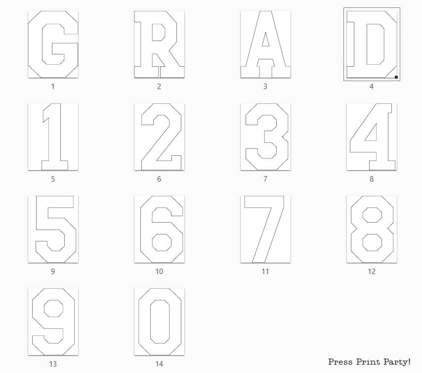 All the letters and numbers included in my free file in a collegiate font for graduation -balloon mosaic letters and numbers tutorial - Press Print Party!