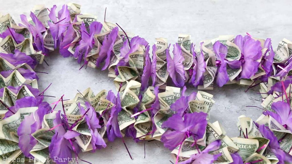 finished dollar store money lei tutorial - Press print Party