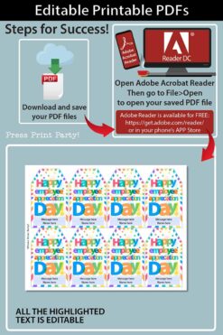 Happy Employee Appreciation Day Gift Tags Printable, Assitant, Staff Appreciation, Bright Colors, Editable PDF and Canva, INSTANT DOWNLOAD Press Print Party