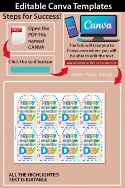 Happy Employee Appreciation Day Gift Tags Printable, Assitant, Staff Appreciation, Bright Colors, Editable PDF and Canva, INSTANT DOWNLOAD Press Print Party