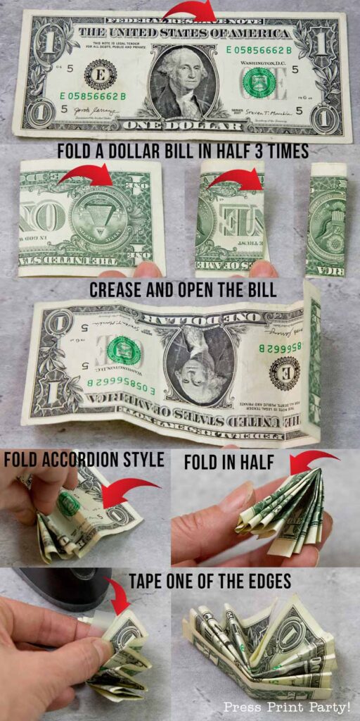 how to fold money to make a Money Graduation Lei- how to make graduation lei with money from a dollar store lei and with construction paper and ribbon - Press Print Party!