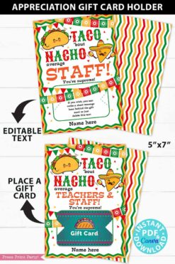 Thank You Gift Card Holder Printable, Taco 'bout Nacho Average Staff, Teacher Appreciation, Nurse, Assitant, Editable, INSTANT DOWNLOAD Press Print Party!