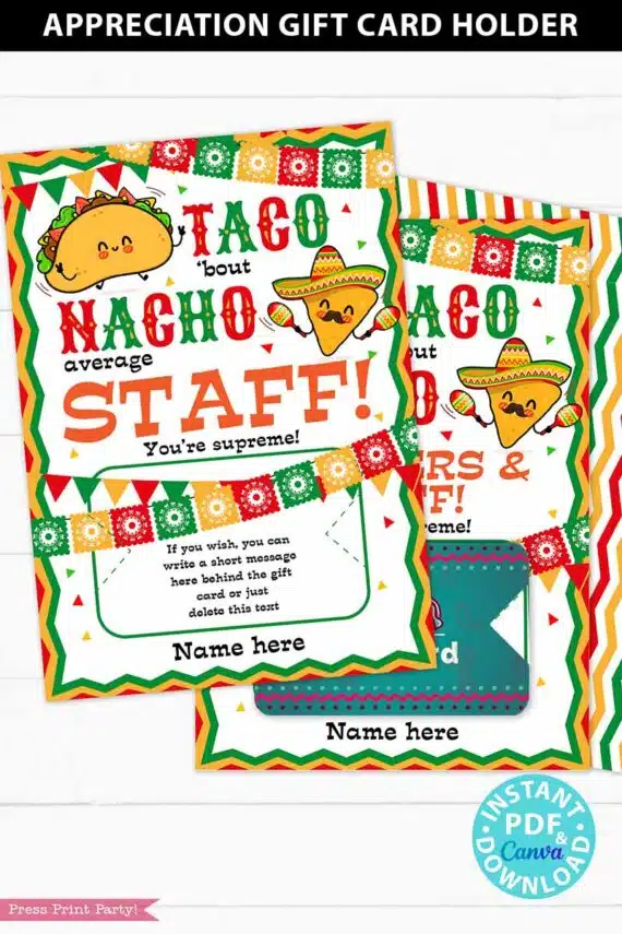 Thank You Gift Card Holder Printable, Taco 'bout Nacho Average Staff, Teacher Appreciation, Nurse, Assitant, Editable, INSTANT DOWNLOAD Press Print Party!