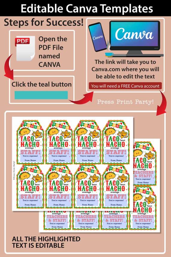 EDITABLE Thank You Gift Tags Printable, Taco 'bout Nacho Average Staff, Teacher Appreciation, Editable, for Mexican appreciation lunch, taco lunch, Nurse appreciation, Assitant appreciation, employee appreciation, staff appreciation, Editable, pdf and canva template INSTANT DOWNLOAD Press Print Party!