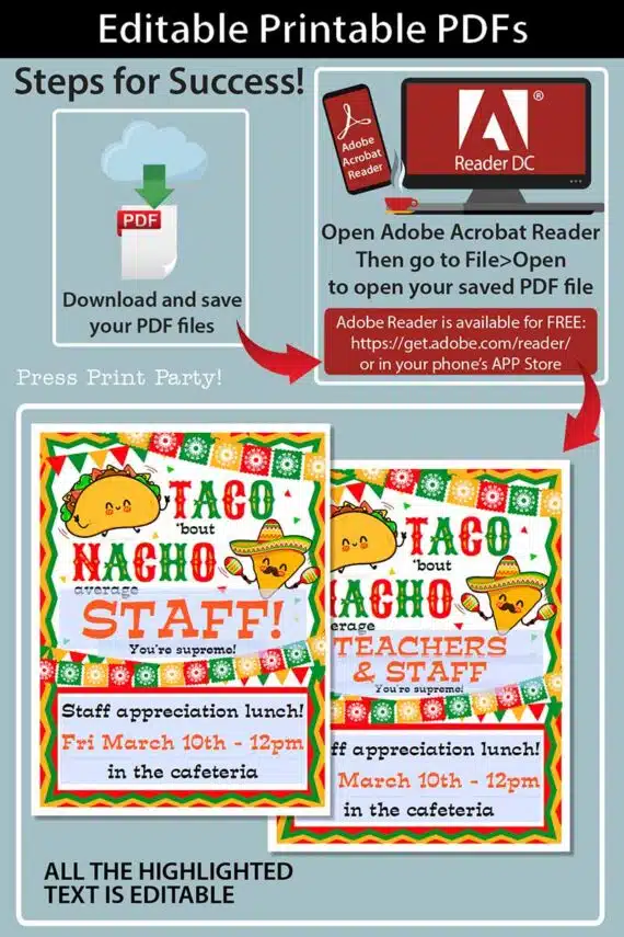 Employee Appreciation Day Sign Printable template, Taco 'bout Nacho Average Staff, Teacher Appreciation, Editable, for Mexican appreciation lunch, taco lunch, Nurse appreciation, Assitant appreciation, employee appreciation, staff appreciation, Editable, pdf and canva template INSTANT DOWNLOAD Press Print Party