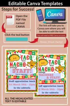 Employee Appreciation Day Sign Printable template, Taco 'bout Nacho Average Staff, Teacher Appreciation, Editable, for Mexican appreciation lunch, taco lunch, Nurse appreciation, Assitant appreciation, employee appreciation, staff appreciation, Editable, pdf and canva template INSTANT DOWNLOAD Press Print Party