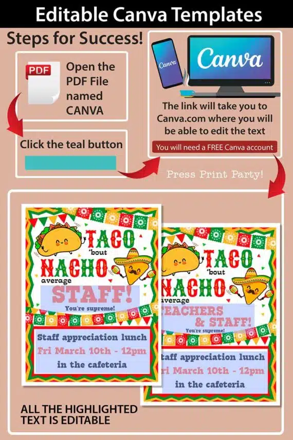 Employee Appreciation Day Sign Printable template, Taco 'bout Nacho Average Staff, Teacher Appreciation, Editable, for Mexican appreciation lunch, taco lunch, Nurse appreciation, Assitant appreciation, employee appreciation, staff appreciation, Editable, pdf and canva template INSTANT DOWNLOAD Press Print Party