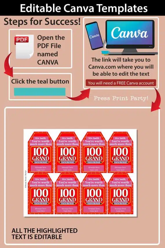 100 Grand Candy Bar Thank You Sayings Gift Tag Press Print Party!