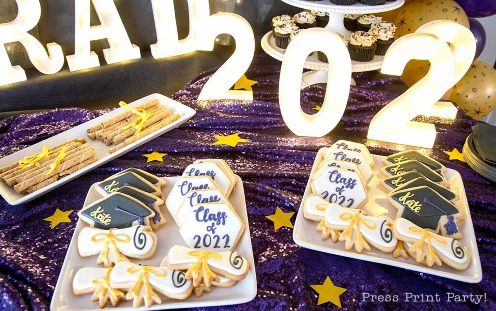 Graduation party dessert ideas butter cookies in cap shape- simple graduation party ideas for open house. Press Print Party