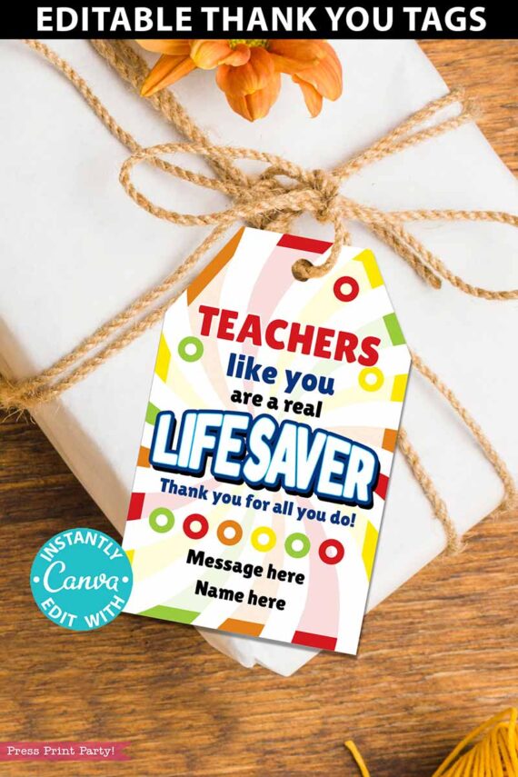 Lifesavers Candy Thank You Gift Tags Printable, Teacher Appreciation, Nurse, Staff, Driver, Assitant, Candy thank you sayings, Editable, gift idea, INSTANT DOWNLOAD press print party