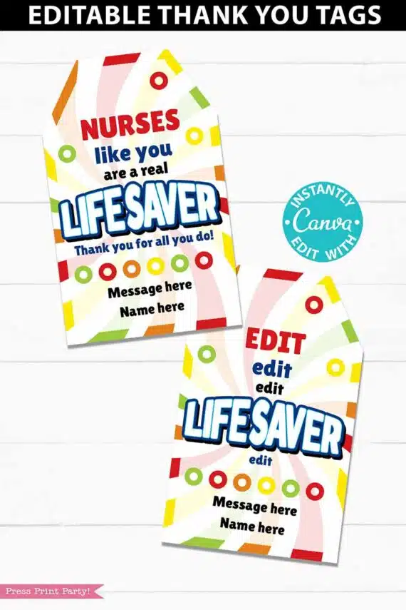 Lifesavers Candy Thank You Gift Tags Printable, Teacher Appreciation, Nurse, Staff, Driver, Assitant, Candy thank you sayings, Editable, gift idea, INSTANT DOWNLOAD press print party